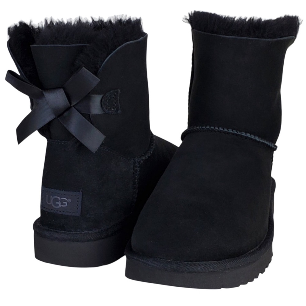 UGG Mini Bailey Bow Water Resistant Suede Fur Winter Ankle Boots Black - Picture 4 of 12